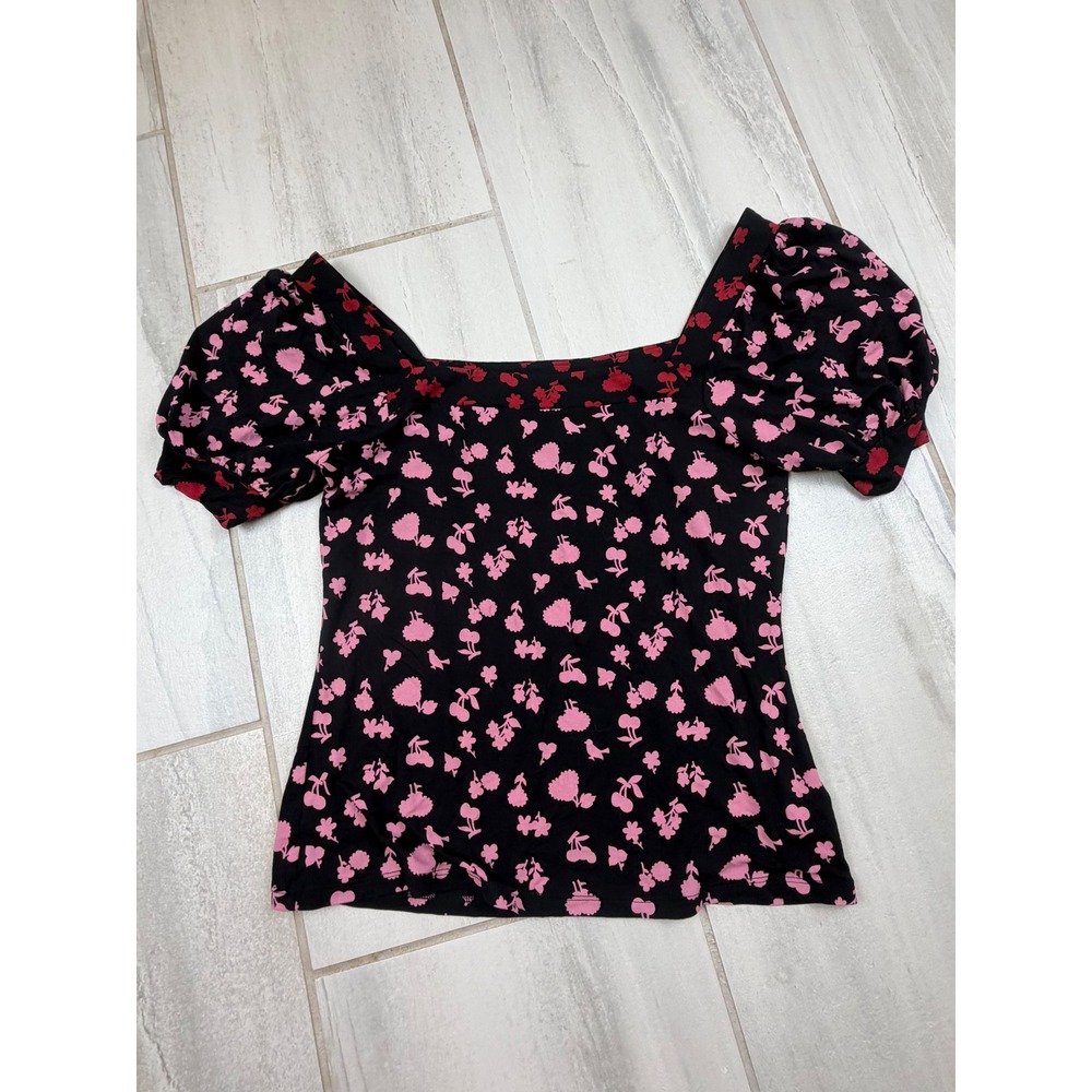 Boden T1006 Black Pink Cherry Floral Puff Sleeve Square Neck Top US 8 UK 12‎